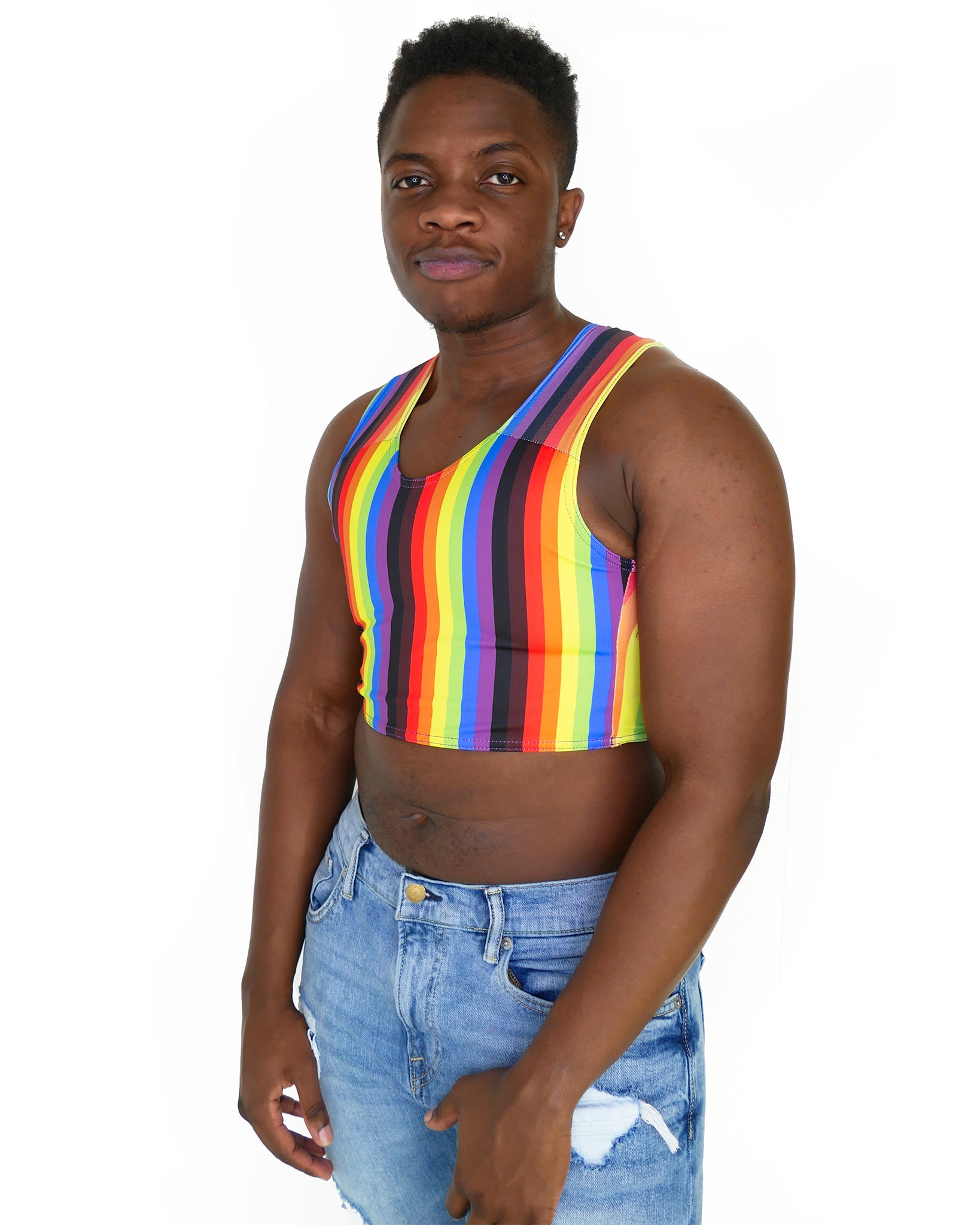 Person wearing More Color More Pride Binder, with Rainbow, Black and Brown vertical stripes.